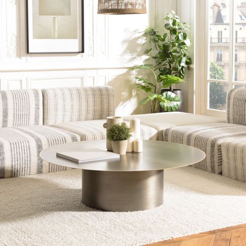 James - Table Basse Ronde 120x120cm En Métal Noir Et Bordure Dorée