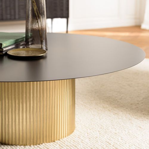 James - Table Basse Ronde 110x110cm Plateau Métal Noir Pied Strié Doré