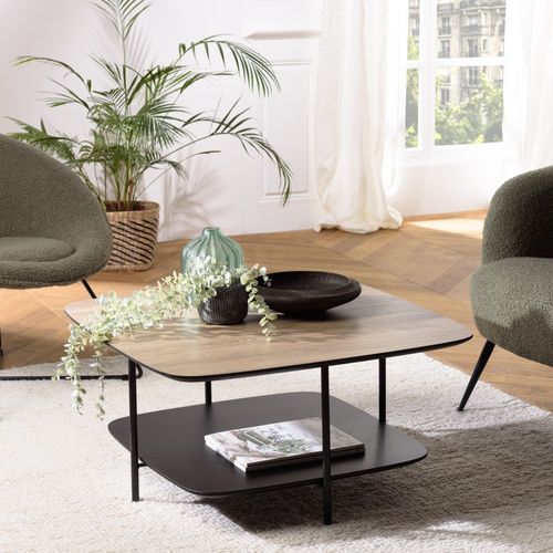 Julia - Table Basse 2 Plateaux 75x75 Cm Bi-matière Bois Marron/noir