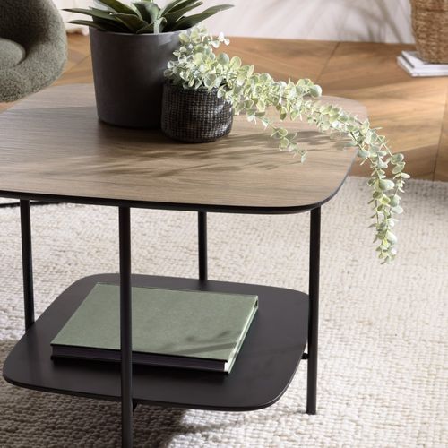 Julia - Table Basse 2 Plateaux 60x60cm Bi-matière Bois Marron/noir