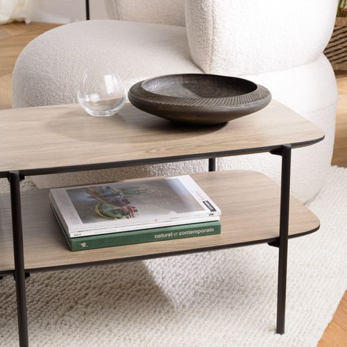 Julia - Table Basse Rect. Pieds Métal Noir Double Plateau Bois Marron