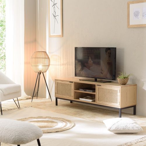Marceau - Meuble TV En Bois 2 Portes Cannage Naturel Pieds Métal Noir
