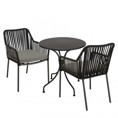 Malo - Salon De Jardin 2 Pers. - Table Ronde 70x70cm Et 2 Fauteuils Gris Et Noirs En Cordage