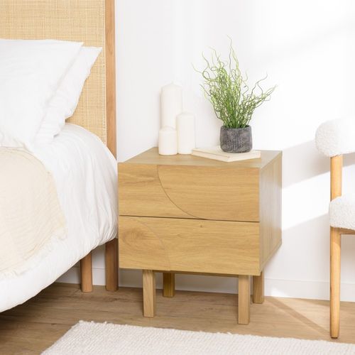 Ethan - Table De Chevet Bois 2 Tiroirs Motif Arrondi Couleur Naturelle