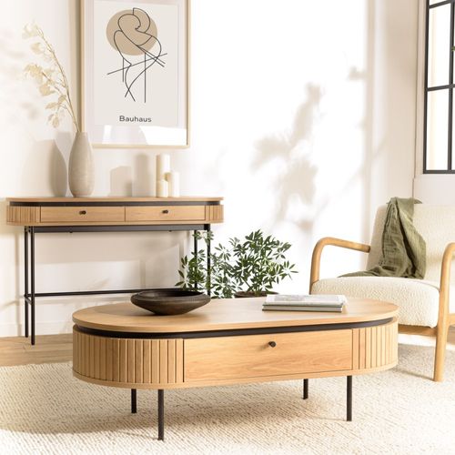 Ethan - Table Basse Arrondie Bois Couleur Naturelle 2 Tiroirs