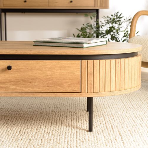 Ethan - Table Basse Arrondie Bois Couleur Naturelle 2 Tiroirs