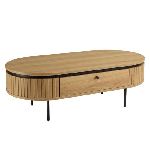 Ethan - Table Basse Arrondie Bois Couleur Naturelle 2 Tiroirs