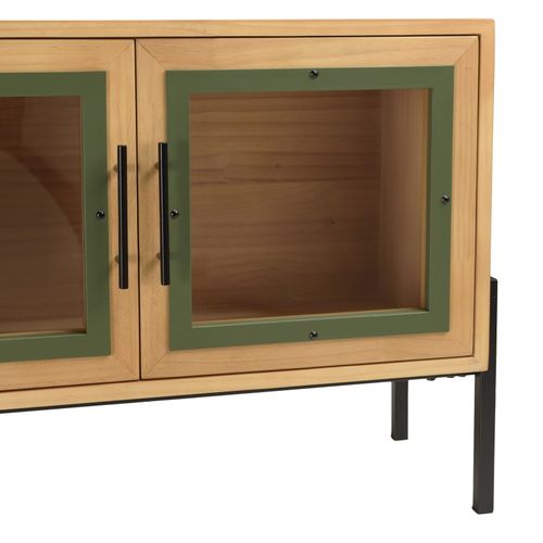 Helena - Meuble TV 4 Portes Vitrées En Bois De Pin Vert Et Métal Noir