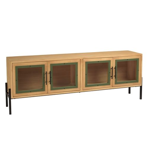 Helena - Meuble TV 4 Portes Vitrées En Bois De Pin Vert Et Métal Noir