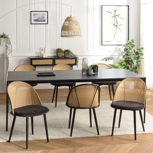 Lea - Lot De 2 Chaises Assise Tissu Noir Dossier Arrondi Effet Cannage