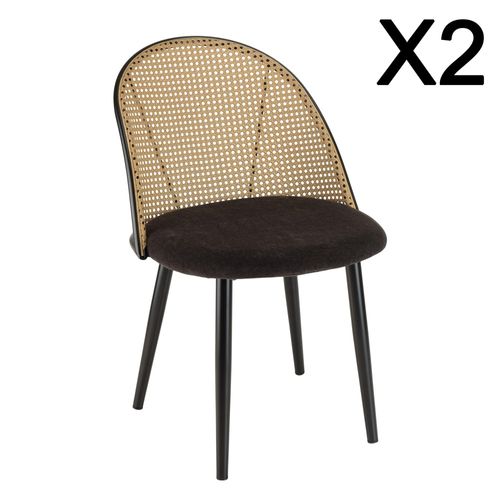 Lea - Lot De 2 Chaises Assise Tissu Noir Dossier Arrondi Effet Cannage