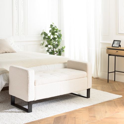 Leopold - Banc Tissu Bouclette Écru Avec Rangement Et Pieds Métal Noir