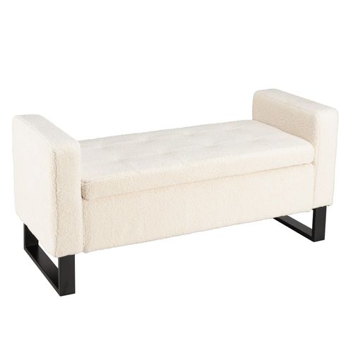 Leopold - Banc Tissu Bouclette Écru Avec Rangement Et Pieds Métal Noir