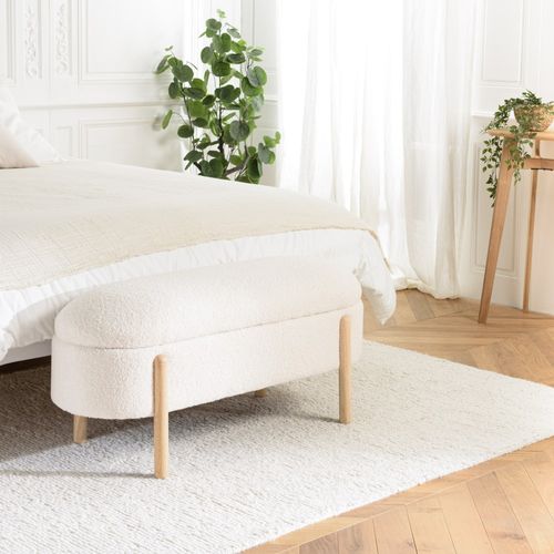Leopold - Banquette Tissu Bouclette Écru Avec Rangement Et Pieds Bois