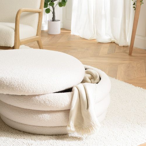 Leopold - Pouf L En Tissu Bouclette Écru Avec Rangement