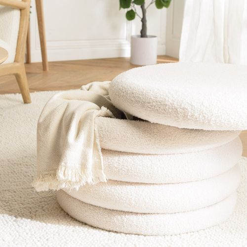 Leopold - Pouf M En Tissu Bouclette Écru Avec Rangement
