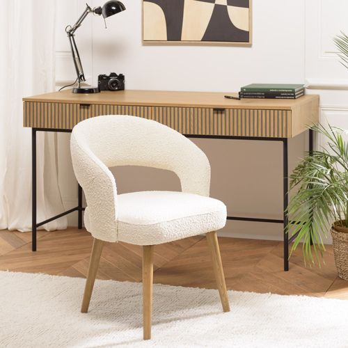 Pierre - Chaise En Tissu Bouclette Écru, Dossier Ouvert Pieds En Bois