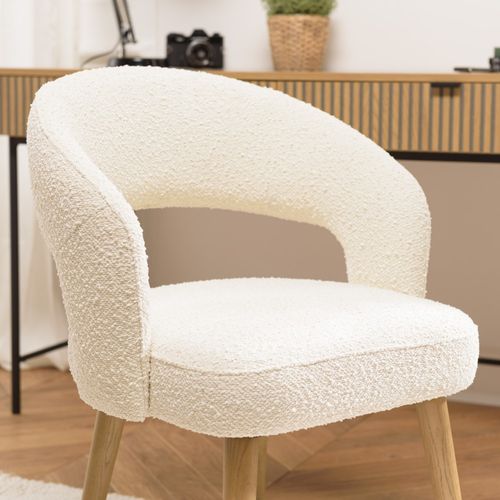 Pierre - Chaise En Tissu Bouclette Écru, Dossier Ouvert Pieds En Bois