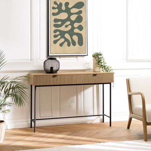 Scott - Console 2 Tiroirs Bois Décor Effet Rainuré Noir/naturel