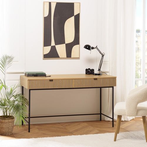 Scott - Bureau 2 Tiroirs Bois Décor Effet Rainuré Noir Et Naturel