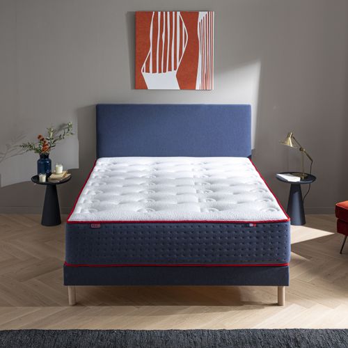Ensemble Matelas Ressort Mi-ferme + Sommier Le Véritable 180x200 Cm Blanc, Bleu Foncé