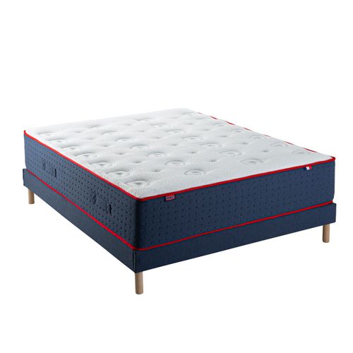 Ensemble Matelas Ressort Mi-ferme + Sommier Le Véritable 180x200 Cm Blanc, Bleu Foncé