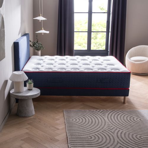 Ensemble Matelas Ressort Mi-ferme + Sommier Le Véritable 180x200 Cm Blanc, Bleu Foncé