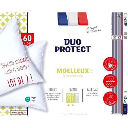 Lot De 2 Oreillers Moelleux - Duo Protect - 60 X 60 Cm - 100 % Polyester Volupt'air - Blanc