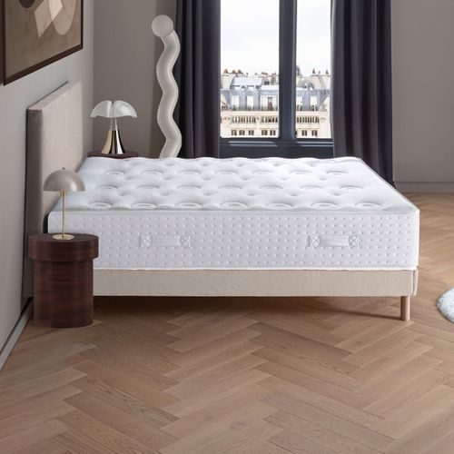 Ensemble - Matelas Mi-ferme + Sommier + Tête De Lit Blanc X Beige Le Veritable 180 X 200 Cm Blanc, B