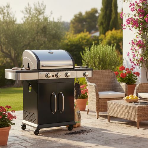 Barbecue Au Gaz Fidgi 3 Avec Thermomètre - 3 Brûleurs + Réchaud 11,5kw