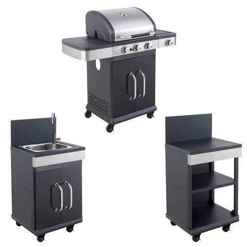 Barbecue Gaz "fidgi 3" + Desserte + Evier - 11.5 Kw - 3 Brûleurs - 242 X 160 X 112 Cm - Noir