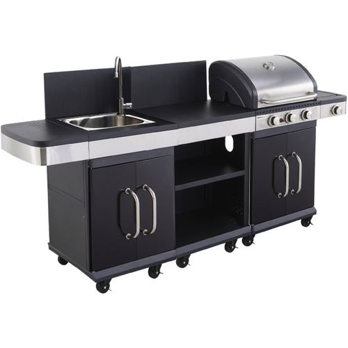 Barbecue Gaz "fidgi 3" + Desserte + Evier - 11.5 Kw - 3 Brûleurs - 242 X 160 X 112 Cm - Noir