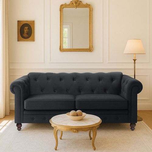 Grand Canapé 2 Places Chesterfield Velours Noir