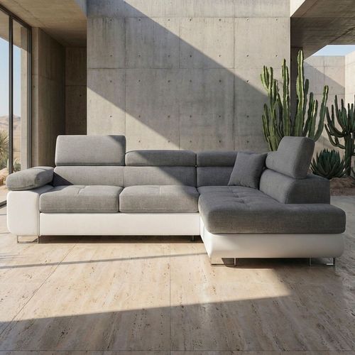 Canapé D'angle Convertible Antoni Avec Têtières Relevables Angle à Droite Simili Blanc Et Tissus Gri