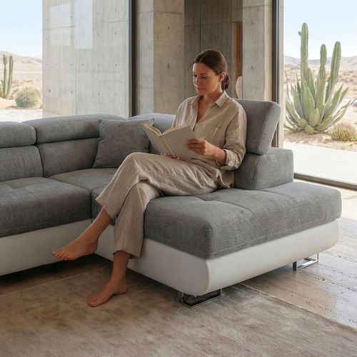 Canapé D'angle Convertible Antoni Avec Têtières Relevables Angle à Droite Simili Blanc Et Tissus Gri