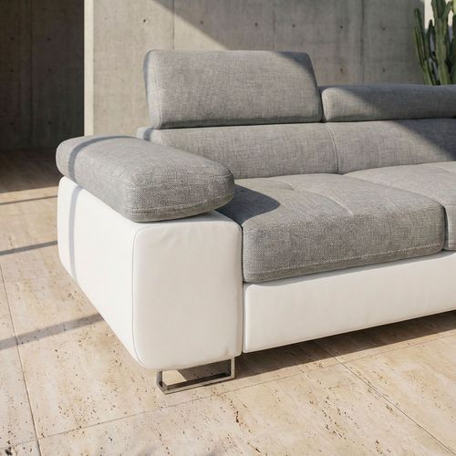 Canapé D'angle Convertible Antoni Avec Têtières Relevables Angle à Droite Simili Blanc Et Tissus Gri