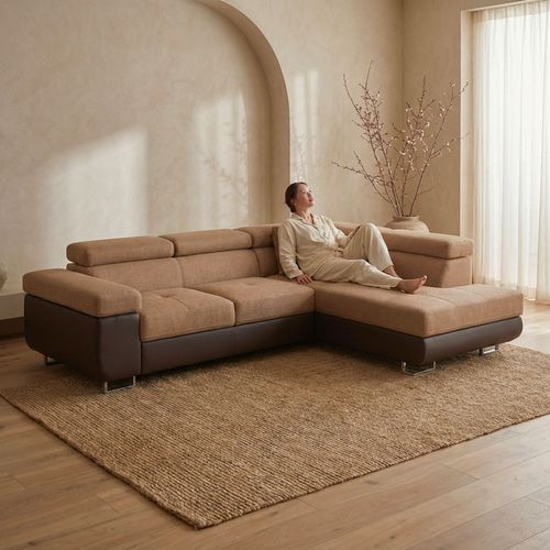 Canapé D'angle Convertible Antoni Avec Têtières Relevables Angle à Droite Simili Marron Et Tissu Mar