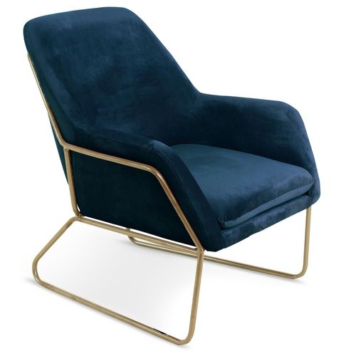 Fauteuil Claudio Velours Bleu Pieds Métal Or