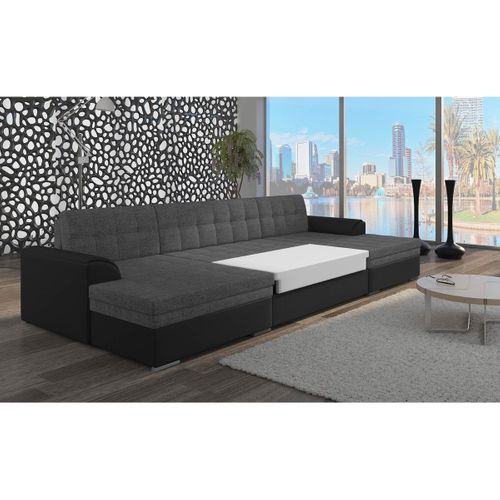 Canapé Panoramique D'angle Convertible Vento Simili Noir Et Tissu Gris Foncé
