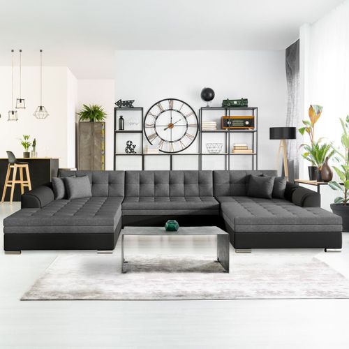 Canapé Panoramique D'angle Convertible Vento Simili Noir Et Tissu Gris Foncé