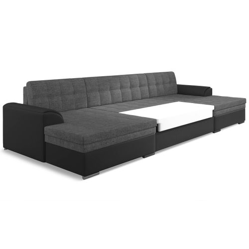 Canapé Panoramique D'angle Convertible Vento Simili Noir Et Tissu Gris Foncé