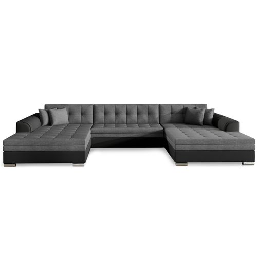 Canapé Panoramique D'angle Convertible Vento Simili Noir Et Tissu Gris Foncé