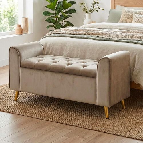 Banc Coffre Winnie Velours Taupe Pieds Or