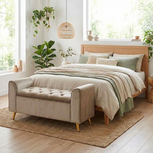 Banc Coffre Winnie Velours Taupe Pieds Or