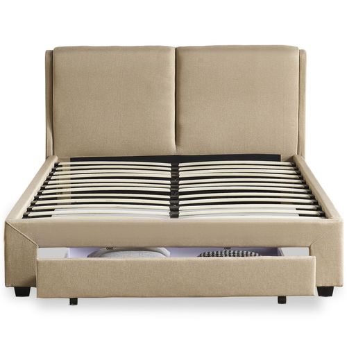 Lit Double Frowell Avec Tiroir De Rangement Intégré Et Sommier 140x190cm Tissu Beige