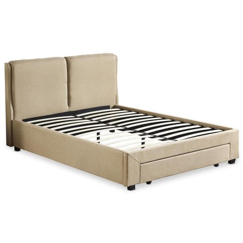 Lit Double Frowell Avec Tiroir De Rangement Intégré Et Sommier 140x190cm Tissu Beige