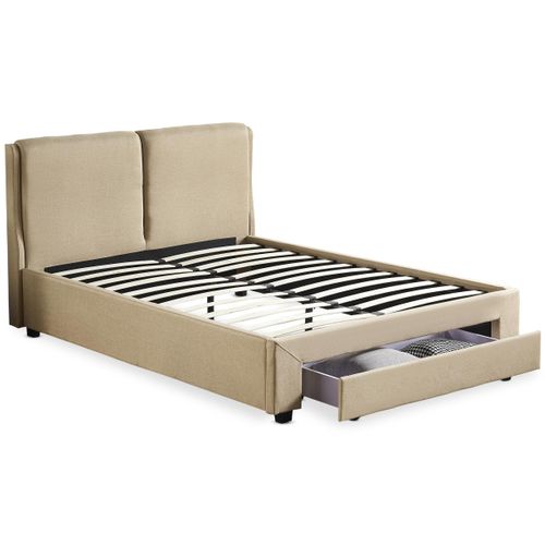 Lit Double Frowell Avec Tiroir De Rangement Intégré Et Sommier 140x190cm Tissu Beige