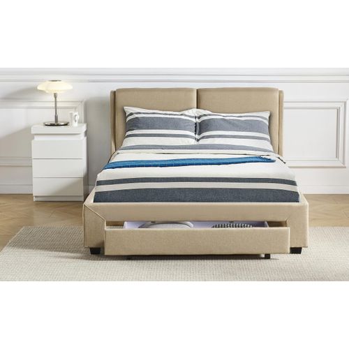 Lit Double Frowell Avec Tiroir De Rangement Intégré Et Sommier 140x190cm Tissu Beige