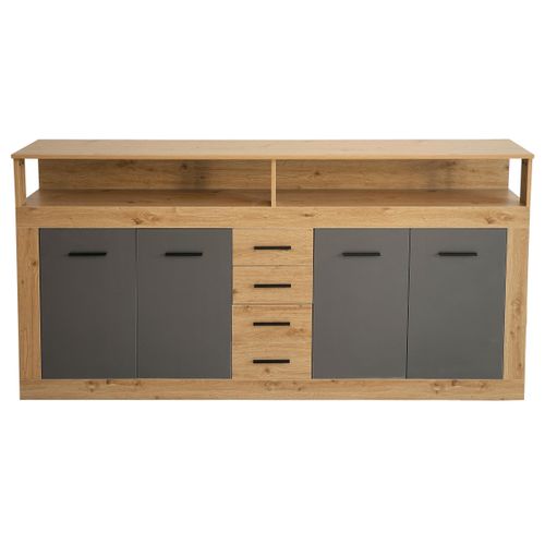 Buffet Style Industriel L190cm 4 Portes Er 4 Tiroirs Lunata Chêne Et Gris