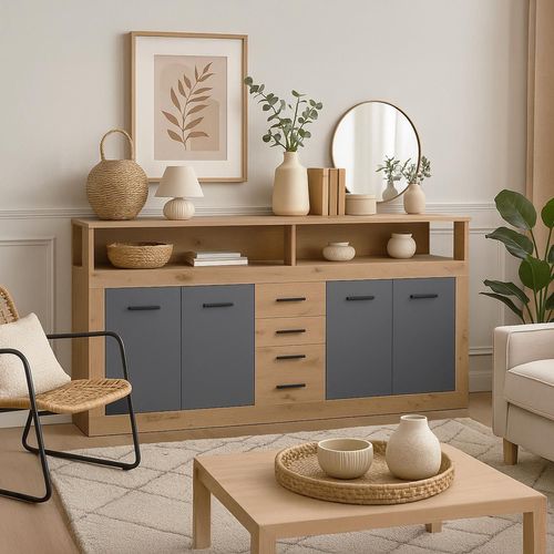 Buffet Style Industriel L190cm 4 Portes Er 4 Tiroirs Lunata Chêne Et Gris